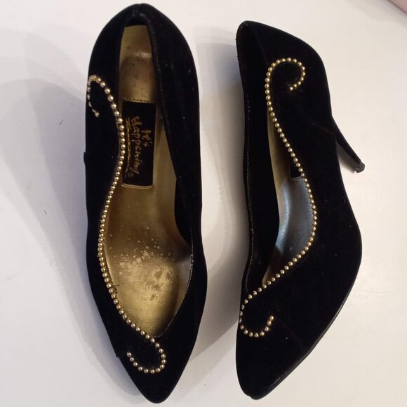 It's Happening Black Velvet Stilettos size 8.5 Gold Beaded Trim High Heels Shoes - Picture 7 of 7
